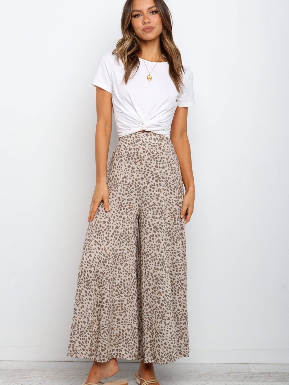 Petal & Pup Taupe Leopard Wide-Leg High-Waist Pants